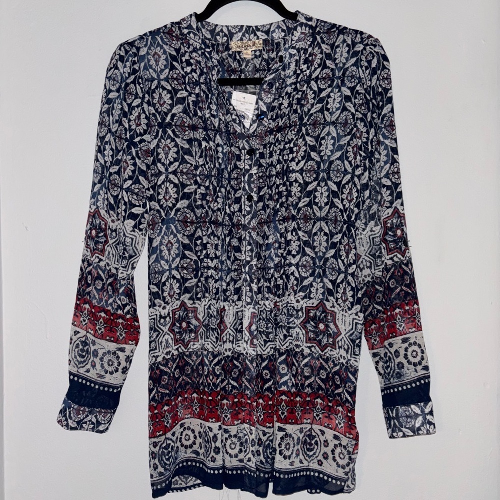 ONE WORLD Navy and Red Patterned Blouse